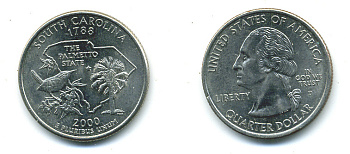 США 25 центов = квотер 2000 D, серия штаты США, Южная Каролина KM 307 медь плакированная медно-никелем 4388-814