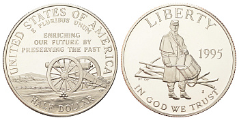 США 1/2 доллара 1995 Сражения гражданской войны, в оригинальной упаковке, с сертификатом KM 254 медь плакированная медно-никель PROOF 8-2-05-32