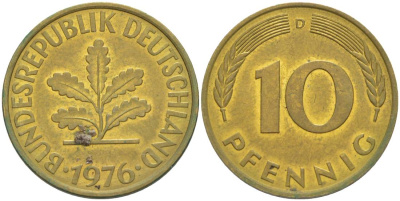 ФРГ 10 ПФЕННИГОВ 1976 D KM 108, J. 383 сталь плакированная латунью 219-457