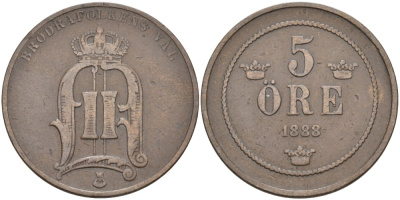 Швеция 5 эре 1888 Оскар II (1872-1907) король Швеции и Норвегии, малые цифры года KM 736 бронза 4557-523