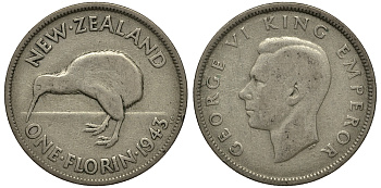 Новая Зеландия 1 флорин 1943 Георг VI (1936-1952), птичка киви KM 10.1 серебро 272-1611
