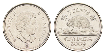 Канада 5 центов 2009 Leaf, Елизавета II (1952-2022), бобр KM 491 сталь плакированная никелем UNC 4630-765