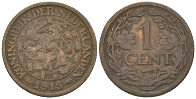 Нидерланды 1 цент 1915 Вильгельмина (1890-1948) KM 152 бронза 4615-567