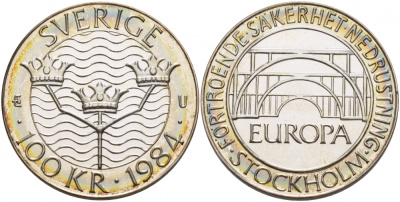 Швеция 100 крон 1984 Карл XVI Густав (1973- ), Стокгольмская конференция, в оригинальной упаковке KM 863 серебро UNC 1085-4-12