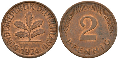ФРГ 2 пфеннига 1974 D J.381a, KM 106a сталь плакированная медью    4598-819