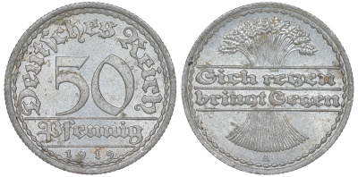 Германия 50 пфеннигов 1919 A KM 27, J. 301 алюминий 4163-214