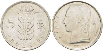 БЕЛЬГИЯ 5 ФРАНКОВ 1978 BELGIE, БОДУЭН I (1951-1993) KM 135.1 медно-никель 213-434