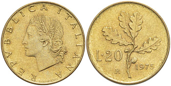 ИТАЛИЯ 20 ЛИР 1975 R, ДУБОВЫЕ ЛИСТЬЯ KM 97.2 алюминиевая бронза 4519-1055