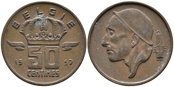 БЕЛЬГИЯ 50 САНТИМОВ 1957 BELGIE KM 149.1 бронза 99-1212