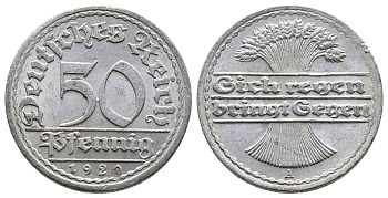 ГЕРМАНИЯ 50 ПФЕННИГОВ 1920 А KM 27, J. 301 алюминий 4380-555