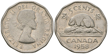 Канада 5 центов 1958 Елизавета II (1952-2022), бобер KM 50a никель 4621-261