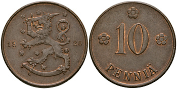 Финляндия 10 пенни 1920 республика (1918-1962) KM 24 медь 08-1046