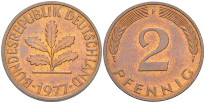 ФРГ 2 пфеннига 1977 F KM 106a, J.381a сталь плакированная медью 4181-824