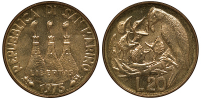 Сан-Марино 20 лир 1975 FAO, птица в гнезде KM 44 алюминиевая бронза UNC M52-15