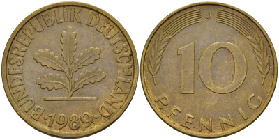 ФРГ 10 пфеннигов 1989 J J. 383, KM 108 сталь плакированная латунью    4603-623