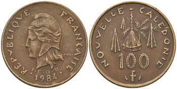 Французская Новая Каледония 100 франков 1984 хижина среди сосен и пальм, (IEOM) KM 15, Schoen 16, Lec 134 никель бронза 88-346