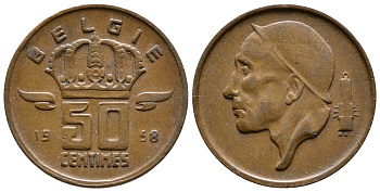 БЕЛЬГИЯ 50 САНТИМОВ 1958 BELGIE КМ 149.1 бронза 176-652