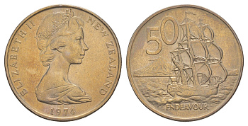 Новая Зеландия 50 центов 1974 Елизавета II (1952-2022), парусник Индевор KM 37 медно-никель 84-1326