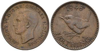 Великобритания 1 фартинг 1948 Георг VI (1936-1952) KM 843, Spink 4116 бронза 3309-322