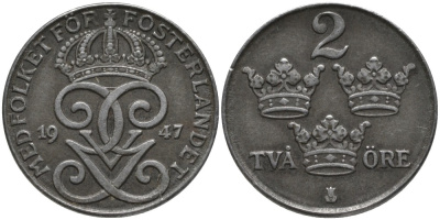 Швеция 2 эре 1947 Густав V (1907-1950) KM 811 железо 63-933