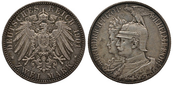 Пруссия 2 марки 1901 A, 200 лет Прусской королевской династии (Фридрих I - Вильгельм II) J.105, Weege 105, KM 525 серебро 3896-712