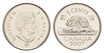 Канада 5 центов 2007 Leaf, Елизавета II (1952-2022), бобр KM 491 сталь плакированная никелем UNC 4630-763