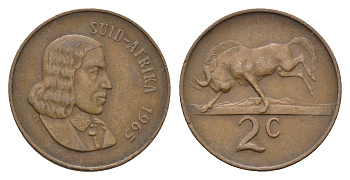 ЮАР 2 цента 1965 Ян ван Рибек (1619-1677), Suid Africa, легенда на африкаанс, антилопа гну KM 66.2 бронза 4669-1225