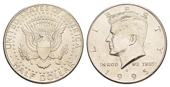 США 1/2 доллара (50 центов) 1995 D, Джон Кеннеди KM A202b медь плакированная медно-никелем aUNC 4382-822