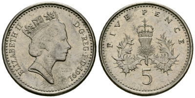 Великобритания 5 пенсов 1991 Елизавета II (1952-2022) KM 937b, Spink 4372 (D4) медно-никель 4173-1244