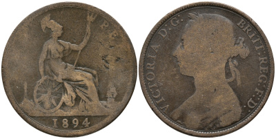 Великобритания 1 пенни 1894 Виктория (1837-1901) KM 755, Spink 3954 бронза 32-815