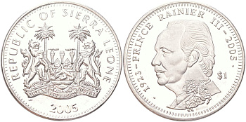 Сьерра-Леоне 1 доллар 2005 Смерть Принца Ренье III KM 345 медно-никель BU 4368-1211