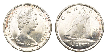 Канада 10 центов 1965 Елизавета II (1952-2022), парусник KM 61 серебро UNC 4639-614