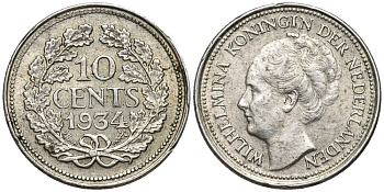 Нидерланды 10 центов 1934 Вильгельмина I (1890-1948) КМ 163 серебро 4549-1041