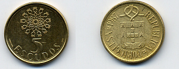 ПОРТУГАЛИЯ 5 ЭСКУДО 1987 KM 632 никель латунь 29-1253