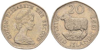 Фолклендские острова 20 пенсов 1992 Елизавета II (1952-2022), овца Ромни-марш KM 17 медно-никель 87-443