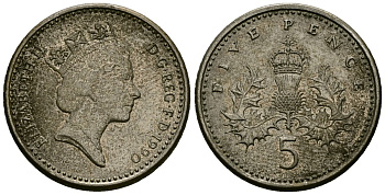 Великобритания 5 пенсов 1990 Елизавета II (1952-2022) KM 937b, Spink 4372 (D4) медно-никель 4173-1239