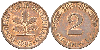 Германия 2 пфеннига 1995 D KM 106a сталь плакированная медью aUNC 4613-1224