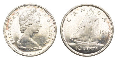 Канада 10 центов 1965 Елизавета II (1952-2022), парусник KM 61 серебро UNC 4639-614