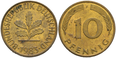 ФРГ 10 пфеннигов 1983 F KM 108, J.383 сталь плакированная латунью 4681-1152