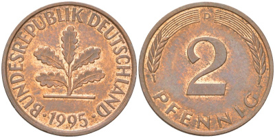 Германия 2 пфеннига 1995 D KM 106a сталь плакированная медью aUNC 4613-1224