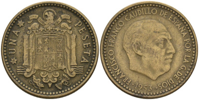 Испания 1 песета 1953 (56) Франсиско Франко (1939-1975) KM 775 алюминиевая бронза 3336-347