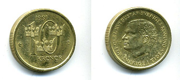 Швеция 10 крон 1991 D Карл XVI Густав (1973- ) KM 877 медь алюминий цинк 25-1941