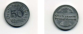 ГЕРМАНИЯ 50 ПФЕННИГОВ 1921 A KM 27, J. 301 алюминий 35-1224