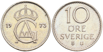 Швеция 10 эре 1973 U, Густав VI Адольф (1950-1973) КМ 835 медно-никель 4169-117