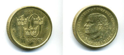 Швеция 10 крон 1991 D Карл XVI Густав (1973- ) KM 877 медь алюминий цинк 25-1941
