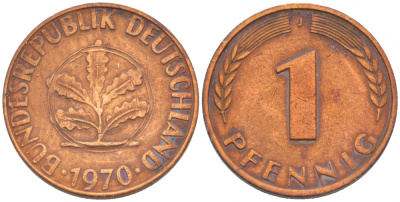 ФРГ 1 ПФЕННИГ 1970 J KM 105, J.380 сталь плакированная медью 4396-1519