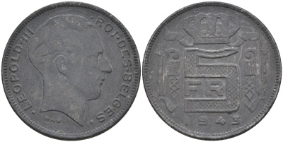Бельгия 5 франков 1943 BELGES, германская оккупация KM 129.1 цинк    4595-131
