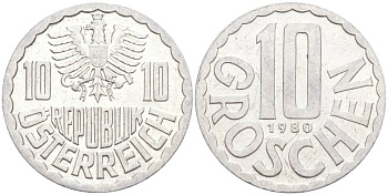 АВСТРИЯ 10 ГРОШЕЙ 1980 KM 2678 алюминий 187-253