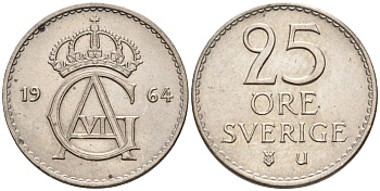 Швеция 25 эре 1964 Густав VI Адольф (1950-1973) KM 836 медно-никель UNC 4585-464