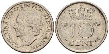 Нидерланды 10 центов 1948 Вильгельмина I (1890-1948) KM 177 никель    4598-267